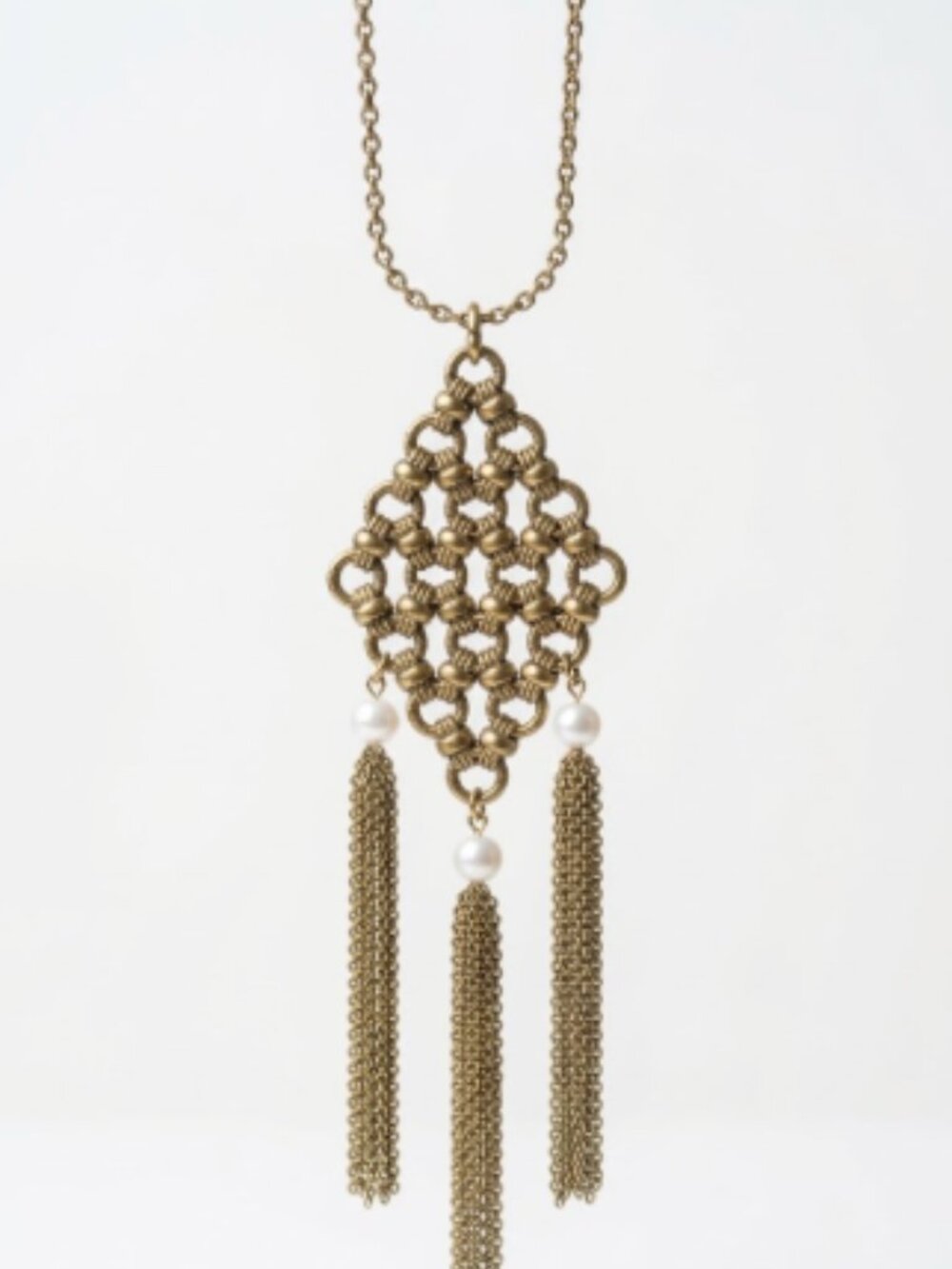 NWT $98 Banana Republic Gold Link Pearl MESH LINK Tassel Long PENDANT Necklace